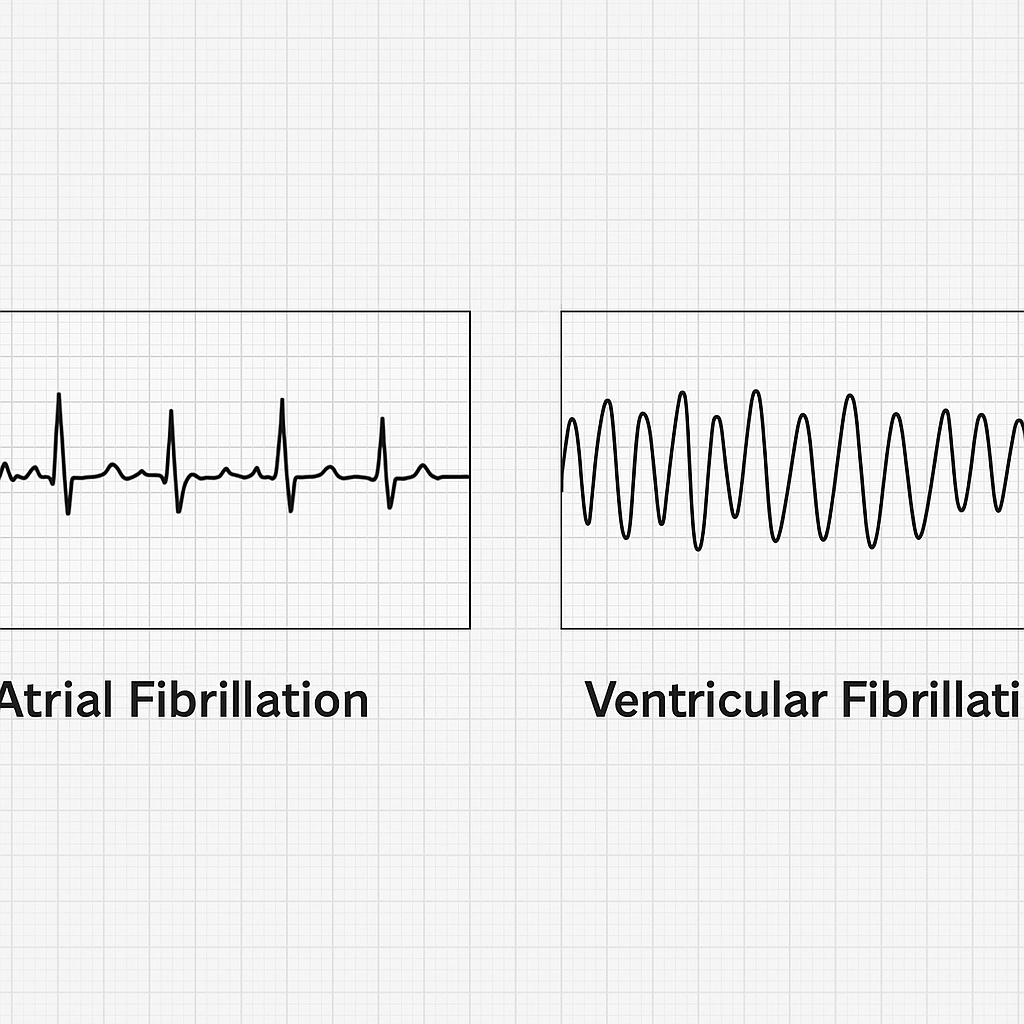 Side‑by‑side ECG comparison of atrial fibrillation and ventricular fibrillation